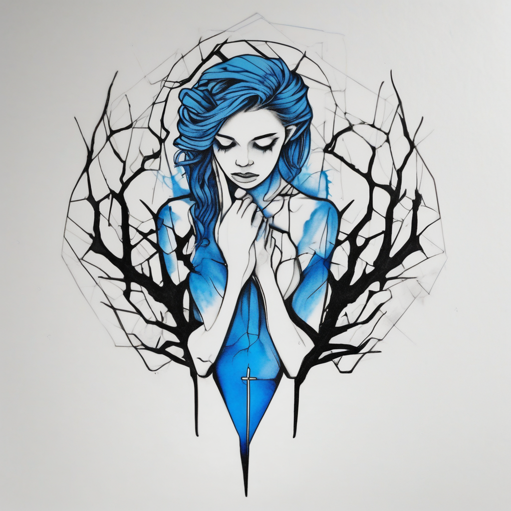 A minimalist tattoo that represents a shattered and betrayed gemini woman who fought hard throughout this year. With colors blue and black. Make it unique and rare. Without leaves and stem. floral sleeve tattoo, diseño de tatuaje Realista generado con IA